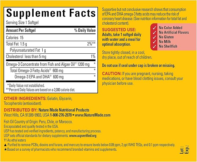 Nature Made Omega 3 Fish Oil and Algae Oil Supplements, 1200mg, Omega 3 Supplement for Heart, Brain and Eyes Support, One Per Day, 60 Softgels
