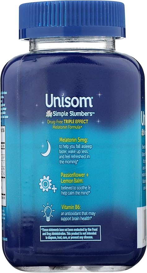 Unisom Simple Slumbers Drug Free Sleep Aid Gummies Melatonin 5mg Midnight Raspberry, Purple, 60 Count