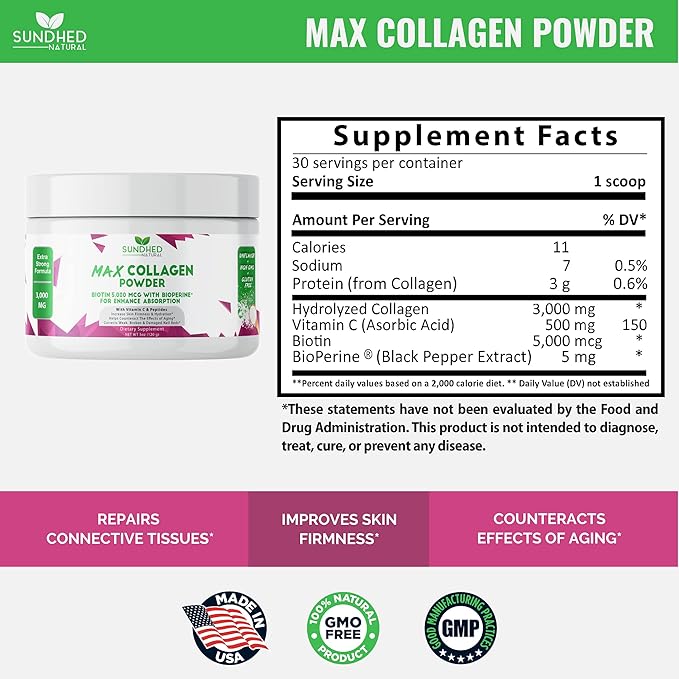 Max Collagen Plus C (30 Day Supply) - All Natural Collagen Powder with Biotin & Bioperine to Boost Anti Aging Hydration & Skin Firmness - 500mg Vitamin C - Strengthen Bones & Nails