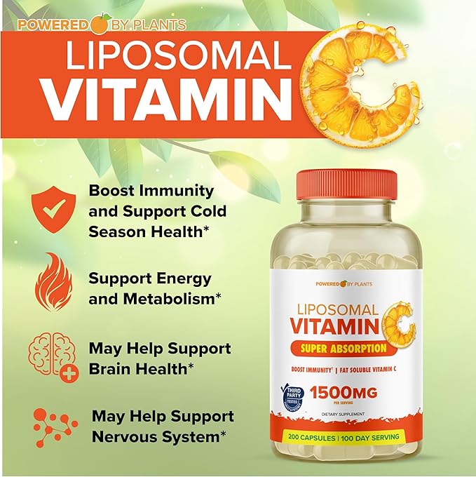 Liposomal Vitamin C Capsules 1500mg Buffered High Absorption VIT C, Immune System & Collagen Booster, 1500 mg High Dose Fat Soluble Immunity Support Ascorbic Acid Supplement (200 Capsules) Vegan