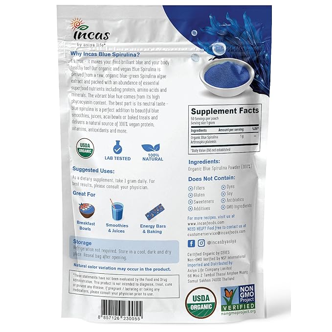 USDA Organic Blue Spirulina Powder (Phycocyanin Extract), 50 Servings - No Fishy Smell, 100% Vegan Protein from Blue-Green Algae, Natural Food Coloring for Smoothies, Baking & Drinks (1.76 Ounces)
