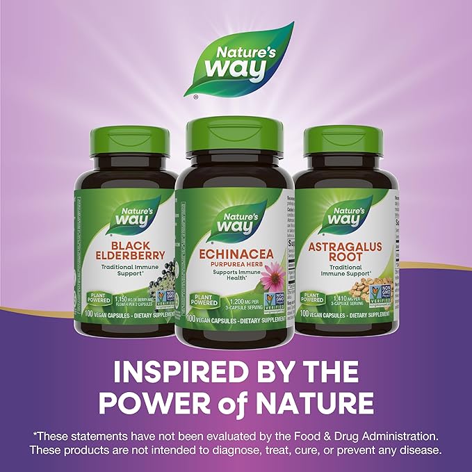 Nature's Way Echinacea Purpurea Herb, Supports Immune Health*, 1200 mg per 3-Capsule Serving, Non-GMO Project Verified, Vegan, 100 Capsules (Packaging May Vary)