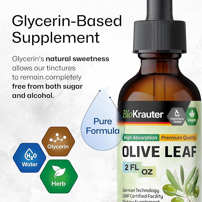 BIO KRAUTER Olive Leaf Extract Liquid - Olive Leaf Tincture for Immune Support - Alcohol and Sugar Free - Vegan Drops 2 Fl.Oz.
