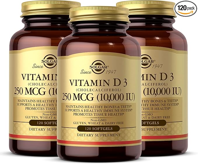 SOLGAR Vitamin D3 (Cholecalciferol) 250 MCG (10,000 IU), 120 Softgels - 3 Pack - Helps Maintain Healthy Bones & Teeth - Immune System Support - Non-GMO, Gluten Free, Dairy Free - 360 Total Servings