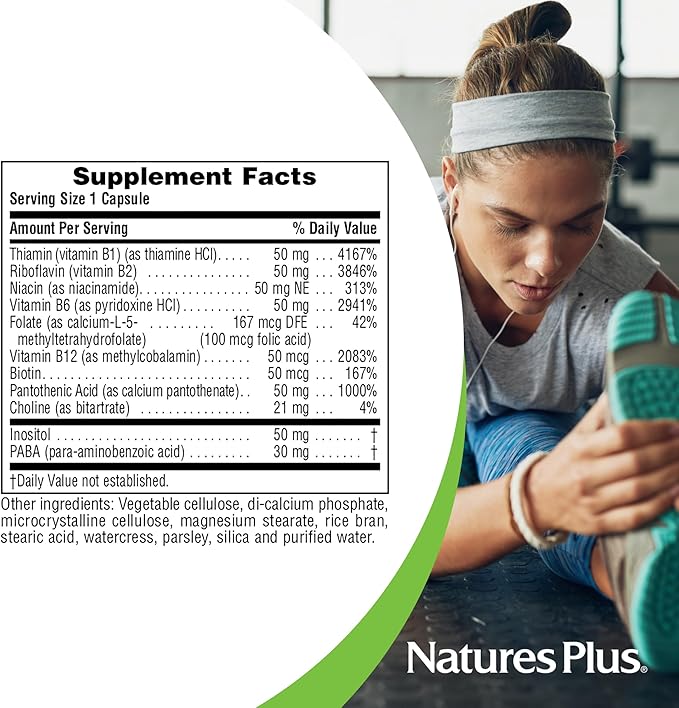 NaturesPlus Super B50-60 Vegetarian Capsules - High Potency B Complex Vitamin Supplement - Brain & Energy Booster - Gluten-Free - 60 Servings