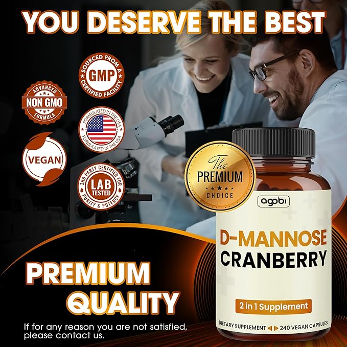 agobi D-Mannose and Cranberry Blend Capsules - 240 Vegan Pills for 80 Days - Super Concentrated Formula for UTI Health, Digestive & Immune Support - Gluten-Free, Non-GMO