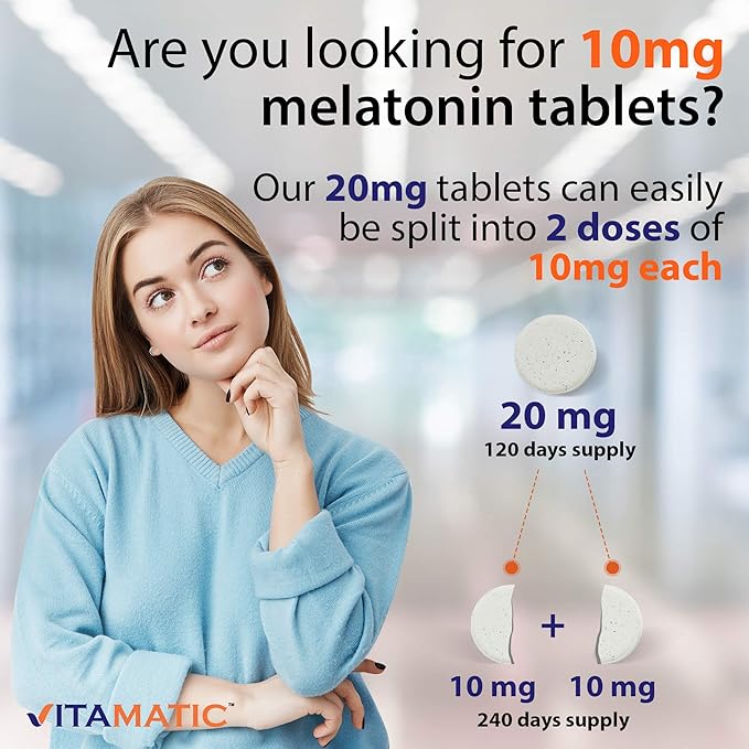 Vitamatic Melatonin 20 mg Tablets | Vegetarian, Non-GMO, Gluten Free | HIGH Potency 20 MG | Natural Berry Flavor (1/2 Tablets = Melatonin 10 mg) (120 Count (Pack of 3))