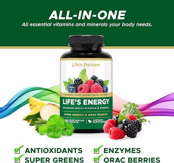 Life's Fortune Life's Energy Advanced Multi-Vitamin and Mineral for Men & Women, Non-GMO - Super Greens - ORAC Berries - AntiOxidants - Enzymes - Iron Free - GMP Tested, 60 Veggie Tablets