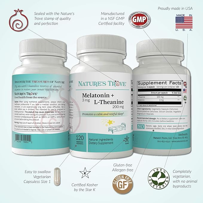 Nature's Trove Melatonin 3mg + L Theanine 200mg – Calm and Relaxation – 120 Kosher Vegetarian Capsules