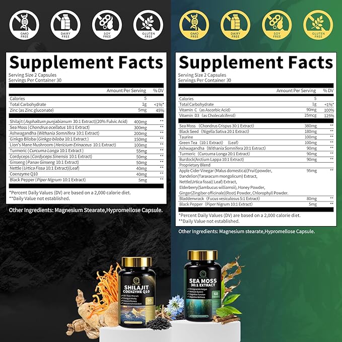 Shilajit for Men and Women, Sea Moss and Shilajit Bundle, All in 1 Supplements with Coenzyme Q10, Black Seed, Ashwagandha, Taurine, Burdock for Energy, Antioxidant & Immune Support, 120 Capsule