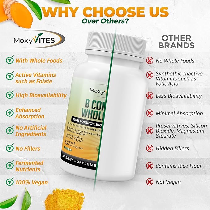 Vitamin B Complex - B Vitamins Whole Food Supplement, B12 Methylcobalamin, B1, B2, B3, B5, B6, B7, B9 - for Stress, Energy and Immune Support, Vegan, 120 Capsules