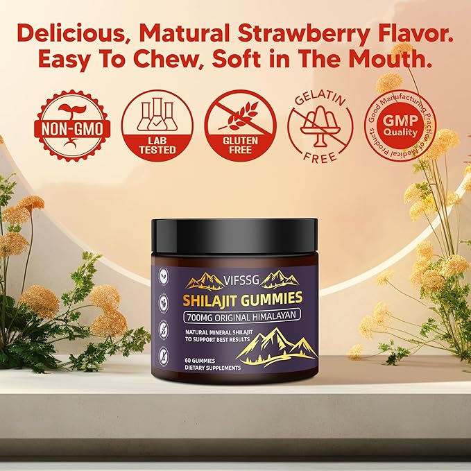 Shilajit Gummies, Sugar-Free Gummies, 500 Mg Shilajit Pure Himalayan Organic, Shilajit Supplement, Shilajit Resin, Gold Grade Nature Shilajit with 4 in-1 Complex for Energy Support, 60 Gummies