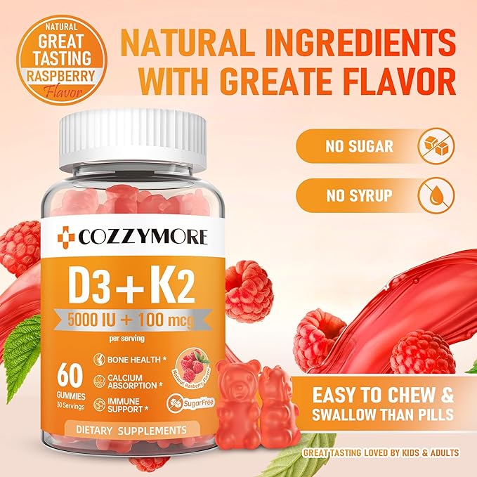 Sugar Free Vitamin D3 K2 Gummies, Vitamin D Gummies Supplement, 10000 IU + 200mcg D3 and K2 Supplements, Tasty Gummy Vitamins, Support For Bones Muscle Teeth Immune, 60 Servings 120 Gummies, Raspberry