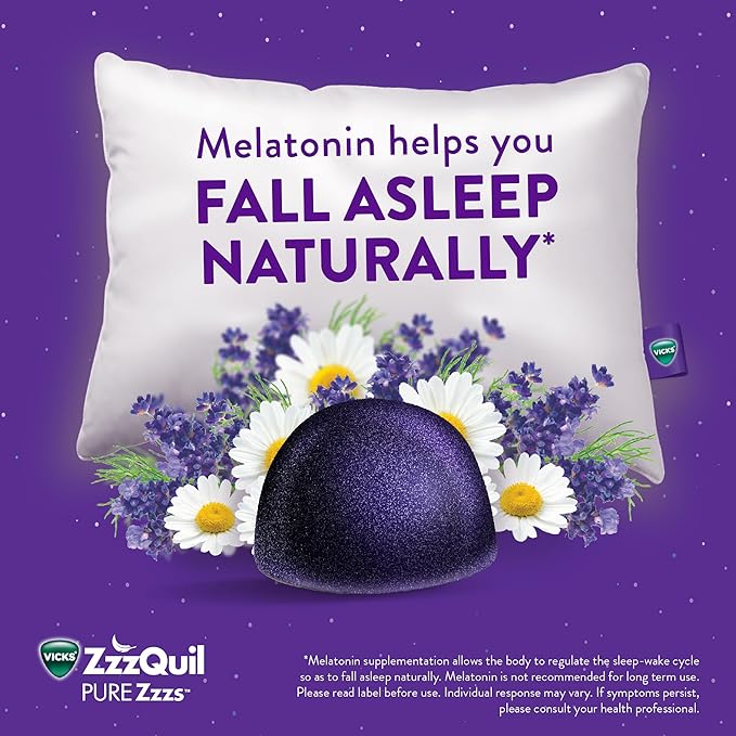 ZzzQuil Pure Zzzs, Melatonin Sleep Aid Gummies with Lavender, Valerian Root and Chamomile, Natural Wildberry Vanilla Flavor, Non-Habit Forming, Drug-Free, 24 Gummies (Pack of 4)