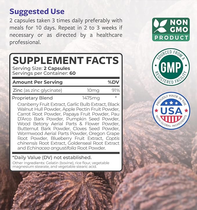 Intestinal Guard (Non-GMO) Maintain Intestinal Health - Potent Natural Formula with Wormwood, Black Walnut, Goldenseal, Pau D'Arco, Clove, Garlic, More - All In One Supplement -120 Capsules (No Pills)