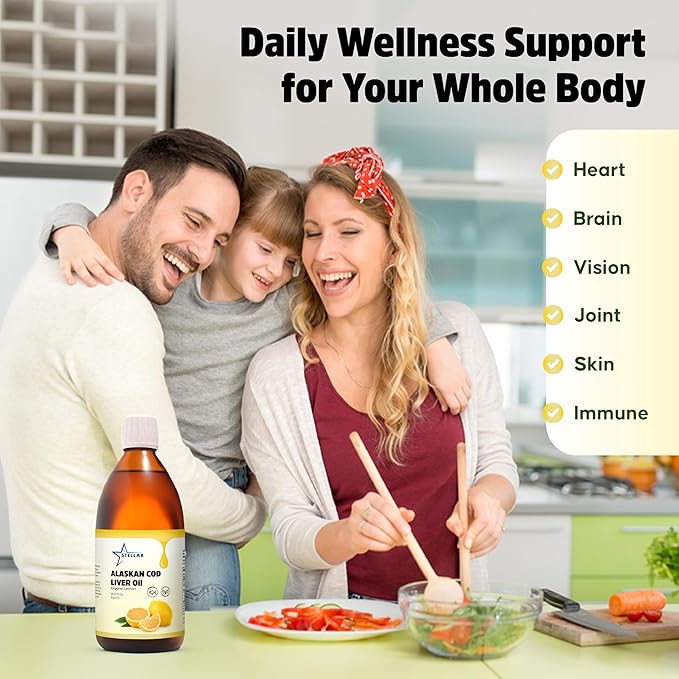 Stellar Alaskan Cod Liver Oil - Organic Lemon, 16.67 oz | Wild-Caught in USA | Rich in Omega-3 DHA/EPA & Vitamin D | Non-GMO Certified | Supports Heart, Brain & Immune Health