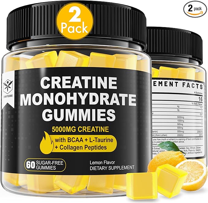 Creatine Monohydrate Gummies for Men & Women - with BCAA, Collagen Peptides, L-Taurine, Vitamin B12, D3, Chewables Creatine Monohydrate 5g Per Serving, Natural Lemon Flavor, Sugar Free, 2 Pack