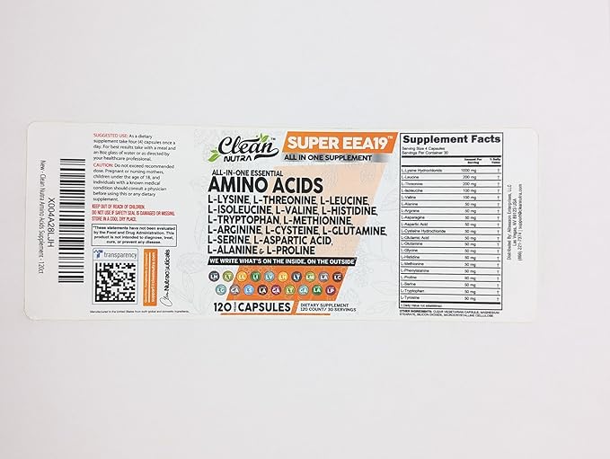 Clean Nutraceuticals Amino Acids Supplement L-Lysine, L-Threonine, L-Leucine, Isoleucine, Valine, L-Histidine, L-Tryptophan, L-Methionine, L-Arginine, L-Cysteine, L-Glutamine, L-Serine, Aspartic Acid