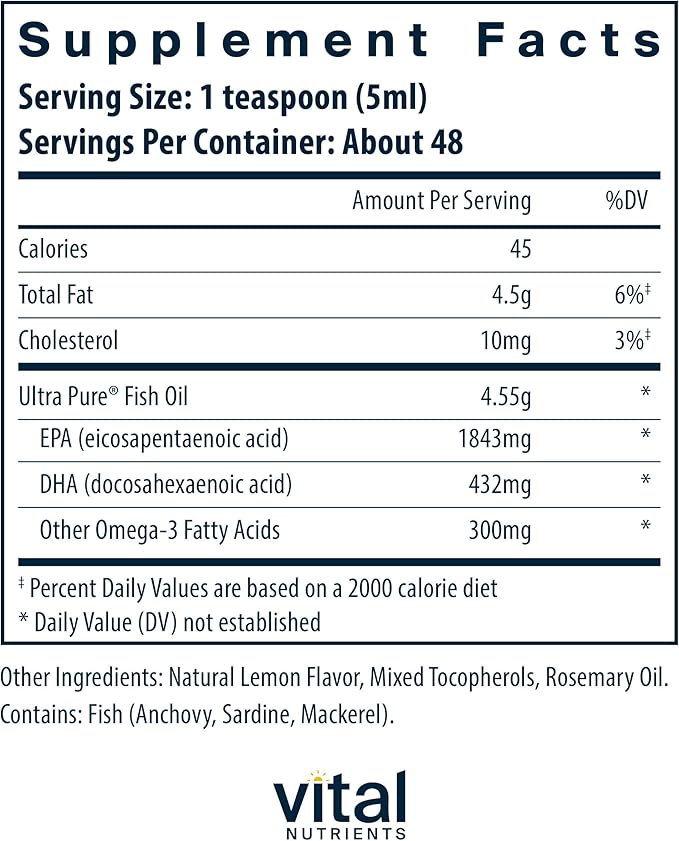Vital Nutrients - Ultra Pure Fish Oil 2600 (Pharmaceutical Grade) - Hi-Potency Deep Sea Liquid Fish Oil, Cardiovascular Support, Natural Lemon Flavor - 8 Fl Oz per Bottle