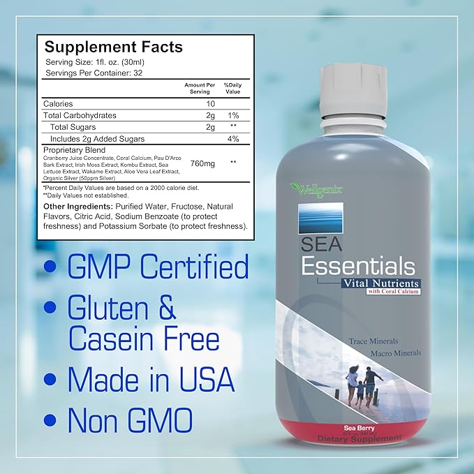 Wellgenix Sea Essentials Vital Nutrients - Coral Calcium Liquid Multivtamin - Adults & Kids Daily Supplement - Nutritional Sea Vegetation Mineral Drink - Sea Berry Flavor 32oz (3)
