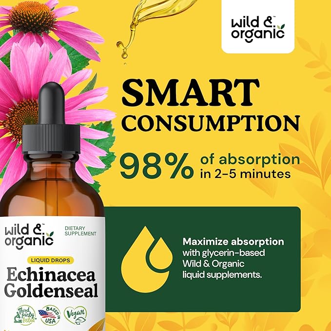 Wild & Organic Echinacea Goldenseal Tincture - Immune Support Drops with Echinacea and Goldenseal Root Extract - Vegan, Sugar & Alcohol-Free Liquid Supplement - 4 fl oz