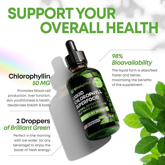 SimplyVital Chlorophyll Liquid Drops for Clear Skin & Energy Boost - Immune Support Supplement - Made in USA - Liquid Chlorophyll for Gut Health - Internal Deodorant - Antioxidant- 2 FL OZ