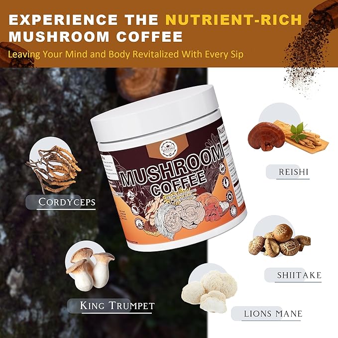 Mushroom Coffee, Instant Mushroom Coffee Mushroom Powder Blend (20 Servings) with Cordyceps, Reishi, Lion's Mane, Shiitake, King Trumpet, Mushroom Supplement for Energy, Focus, Immune Support