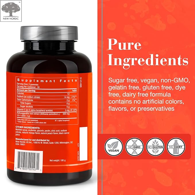 NEW NORDIC Ashwagandha Gummies, 300 mg Ashwagandha Root Extract, Sugar Free, Adaptogens for Men and Women, Delicious Mango Peach, 60 Gummies