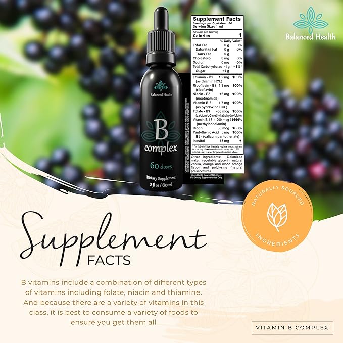 Vitamin B-Complex Drops, 2oz, 60 Doses, All 8 B-Vitamins, Immune Energy Support Supplement Non GMO Vegetarian Safe