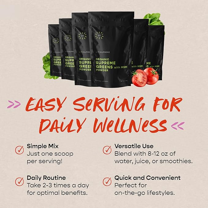 Organic Superfood Greens Powder with MSM, for Gut Health, Digestion, Immune Support, Energy, and More (Sugar Free, Non-GMO, Keto, Vegan), 60 Servings, 30 Day Supply