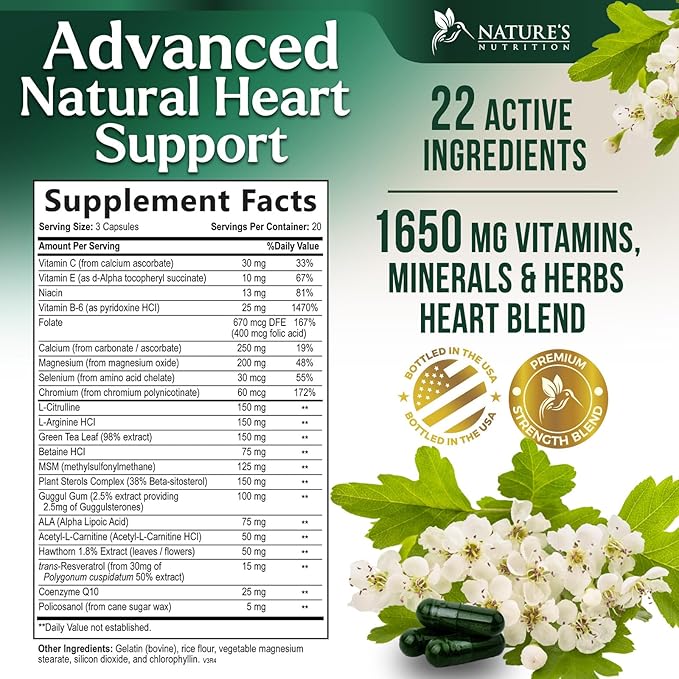 Heart Supplements for Men & Women 1650mg - Antioxidants for Heart Health Support with CoQ10, Hawthorn, Plant Sterol & More Vitamins to Support Nitric Oxide & Energy Production, Non-GMO - 60 Capsules