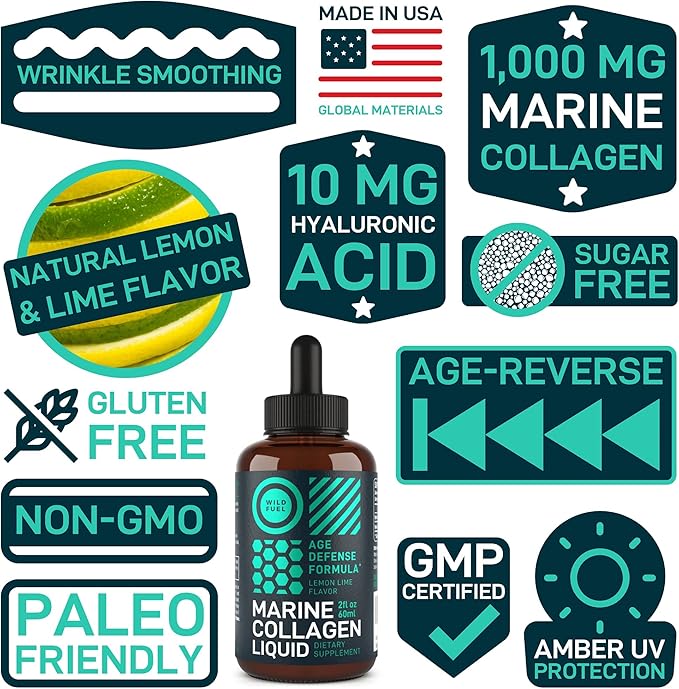 WILD FUEL Liquid Marine Collagen Peptides Supplements - 1,000mg Hydrolyzed Collagen Marine with Hyaluronic Acid 10mg - Hair Skin and Nails Vitamins - Natural Lemon Flavor, Liquid 2oz