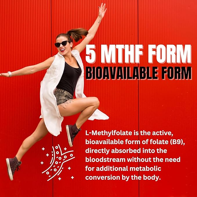 Professional Strength L-Methyl Folate 15mg - Active 5-MTHF Form - Supports Mood, Methylation, Cognition - Bioavailable Vitamin B9 (60 Capsules) - Vegan, Non-GMO, Gluten-Free