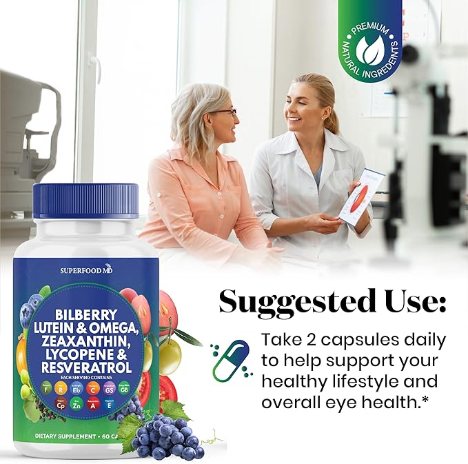 Superfood MD Eye Health Vitamins with Bilberry Lutein & Zeaxanthin Lycopene Resveratrol Grape Seed Extract Astaxanthin- AREDS 2 - Eye Vitamin - 60 Capsules