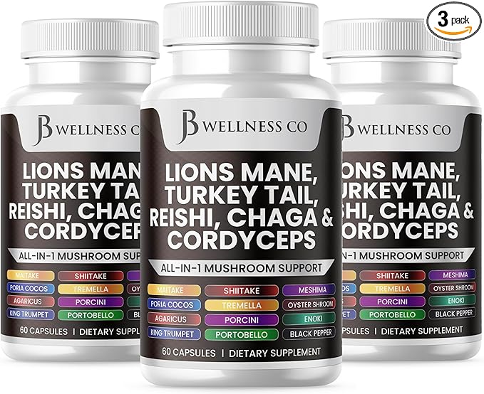 Lions Mane Supplement Cognitive Support, Immune Health with Turkey Tail 20in1 Mushroom Reishi Cordyceps Chaga with Marshmallow Root -180 Count