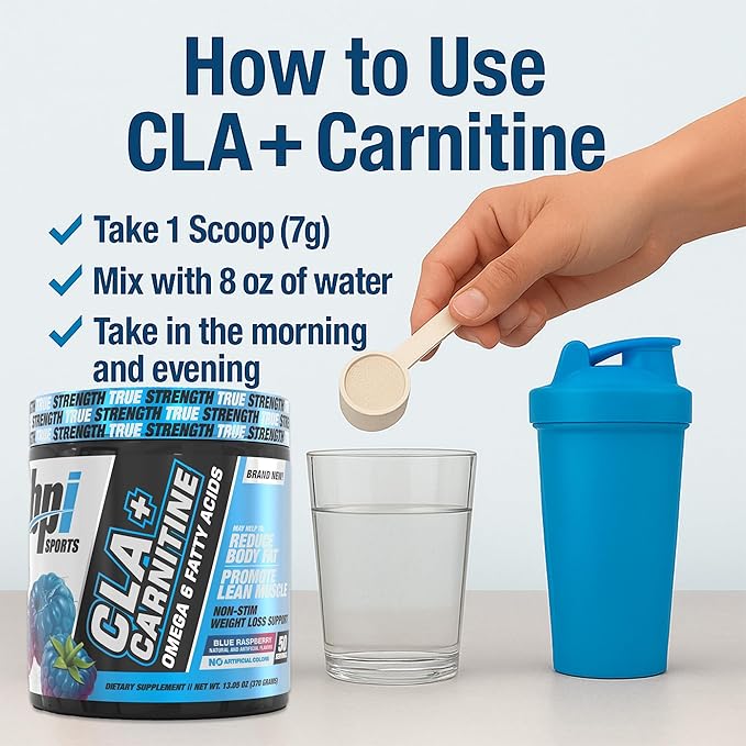 BPI Sports CLA + Carnitine – Conjugated Linoleic Acid – Weight Loss Formula – Metabolism, Performance, Lean Muscle – Caffeine Free – for Men & Women – Blue Raspberry – 50 Servings – 12.34 oz.