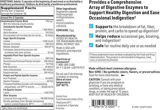 Klaire Labs SFI Health Multi Enzyme Supplements for Digestive Health - Ther-Biotic Vital-Zymes Complete - Digestive Enzymes to Help Ease Indigestion & Aid Nutrient Absorption (120 Capsules)
