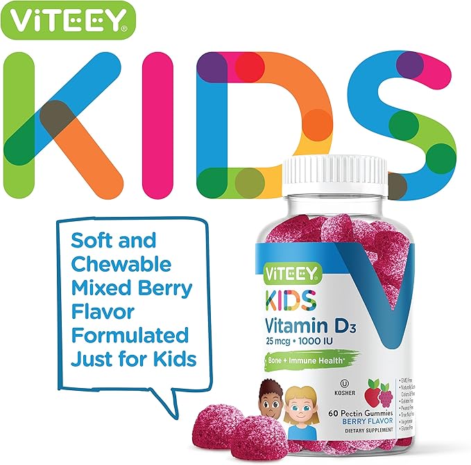 Vitamin D3 Kids Gummies 25mcg 1000 IU - Bone Health, Immune Health, Joint Muscle Support - Vegetarian, Gelatin Free, Gluten Free, GMO Free - Tasty Chewable Berry Flavored Gummy