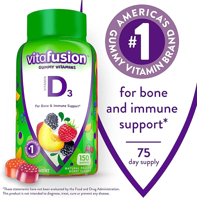 Vitafusion PreNatal Gummy Vitamins & Vitamin D3 Gummy Vitamins for Bone and Immune System Support, Peach, BlackBerry and Strawberry Flavored, 50 mcg Vitamin D, 75 Day Supply, 150 Count