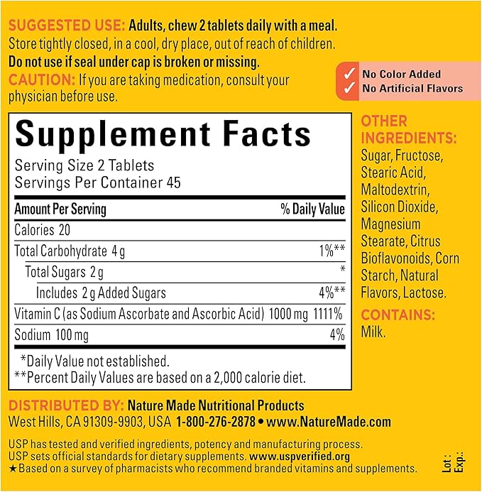 Nature Made Extra Strength Dosage Chewable Vitamin C 1000 mg per serving, Dietary Supplement for Immune Support, 90 Tablets, 45 Day Supply