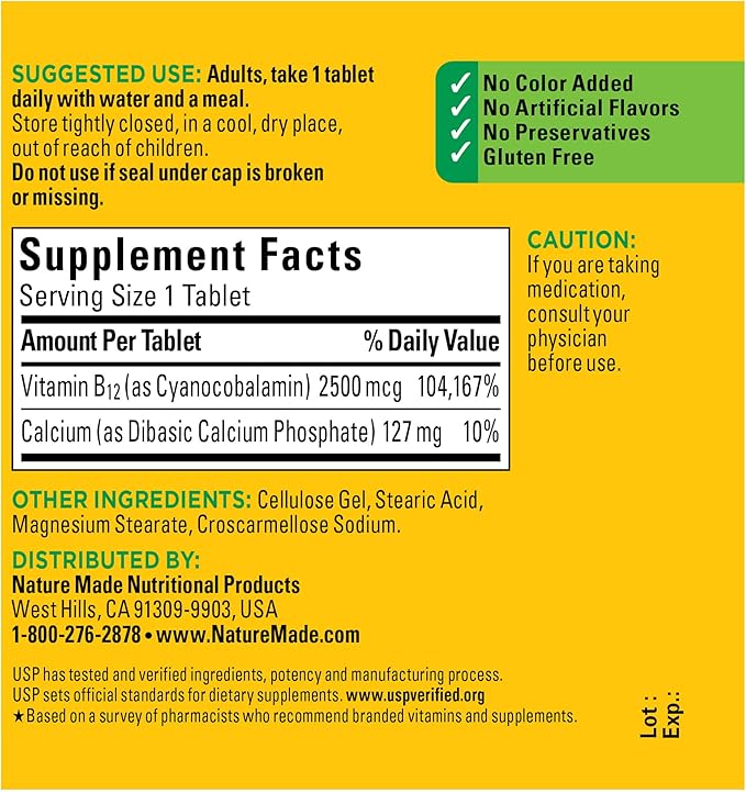 Nature Made Extra Strength Vitamin B12 2500 mcg, Dietary Supplement for Energy Metabolism Support, 60 Tablets, 60 Day Supply