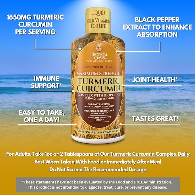 Tropical Oasis Liquid Turmeric Curcumin w/Bioperine - 1650mg Maximum Strength Turmeric Supplement with Black Pepper & Vitamin C - 98% Absorption Rate - 32oz