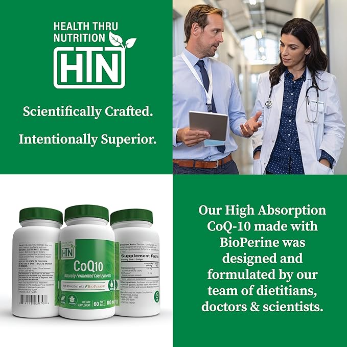Health Thru Nutrition CoQ-10 100mg with BioPerine 60 Softgels | High Absorption Naturally Fermented USP Grade Coenzyme Q10 Supplement | 3rd Party Tested | Heart Health and Energy Support