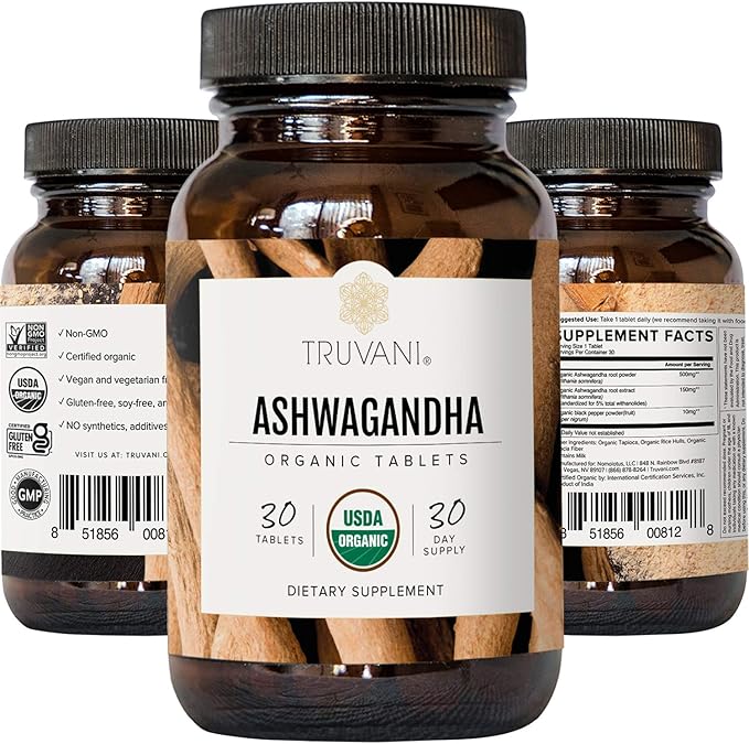 Truvani Organic Ashwagandha | Daily Energy, Positive Mood Support, Supports Brain Health | Supports Muscle Growth and Endurance | Healthy Sleep Support | Non-GMO | 30 Day Supply