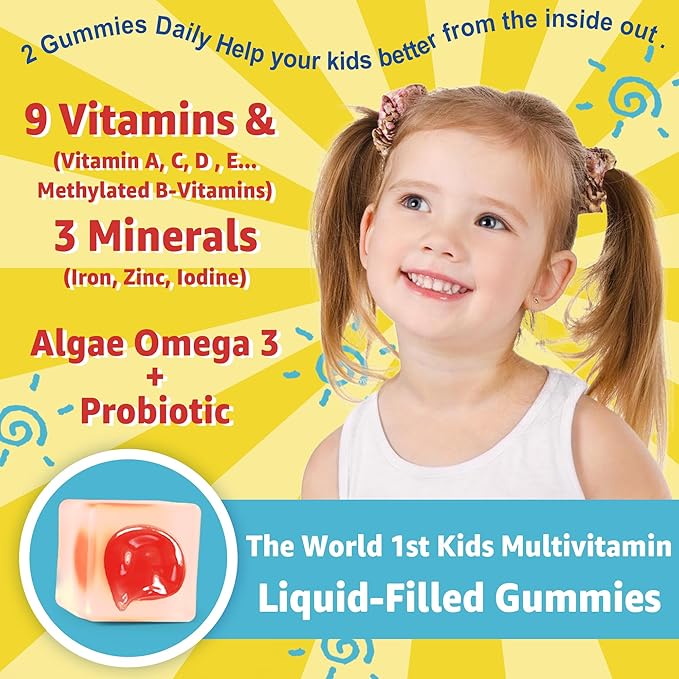Sugar Free Kids Multivitamin Gummies with Iron, Probiotics, Vegan Omega 3 (EPA/DHA), Kids Daily Vitamins A, C, D, B Complex, Zinc for Healthy Growth, Immune, Brain, Bone, Orange Flavor, 60 Counts