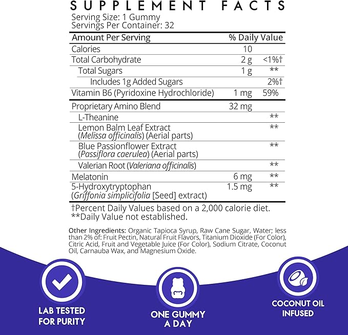 Sugarbear Sleep Gummy 1 Month Supply, Extra Strength Melatonin 6mg, for Men & Women, Vegan Vitamin B6, L-Theanine, 5 HTP, Valerian, Sleep Aid for Adults & Teens, Certified Kosher, Halal, Cruelty-Free