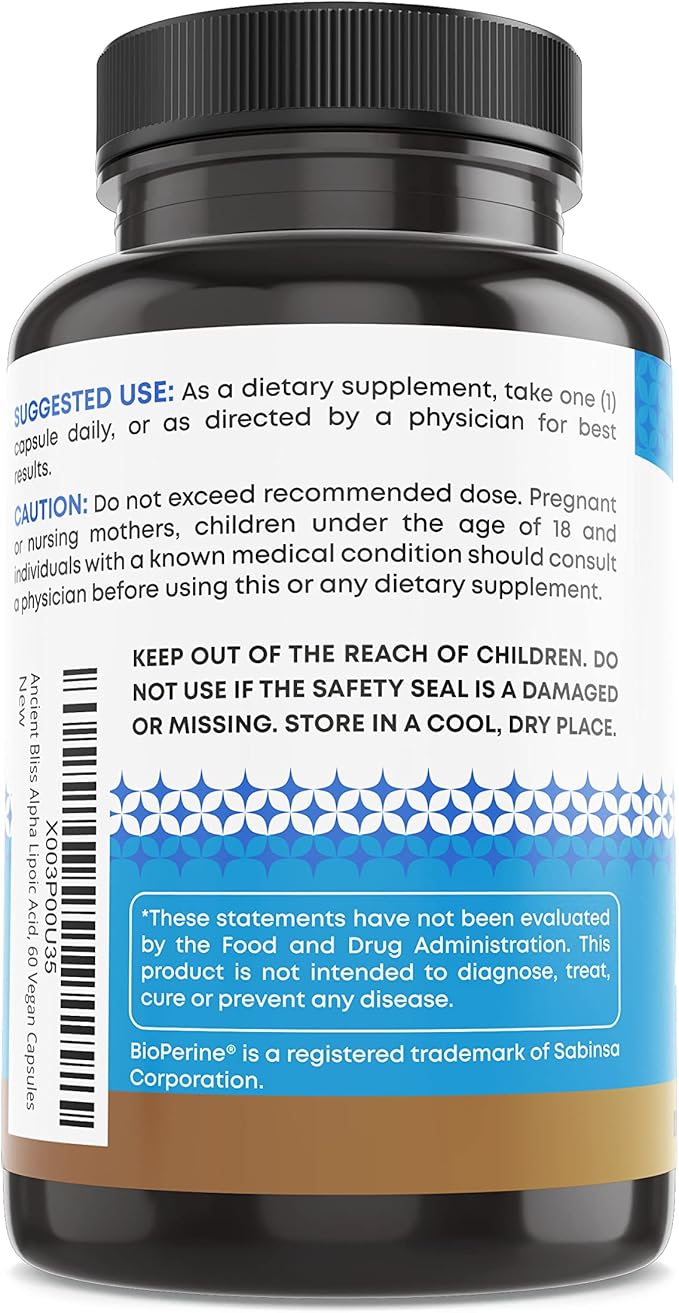 Ancient Bliss Alpha Lipoic Acid Supplement, Antioxidant and Energy Support, ALA Supplement with Bioperine, No Gluten and Soy, 600mg per Serving, 60 Vegan Capsules