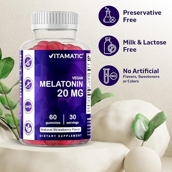 Vitamatic Melatonin 20mg Gummies for Adults, 30 Servings - 60 Count - Non-Habit Forming Supplement (Pack of 2)