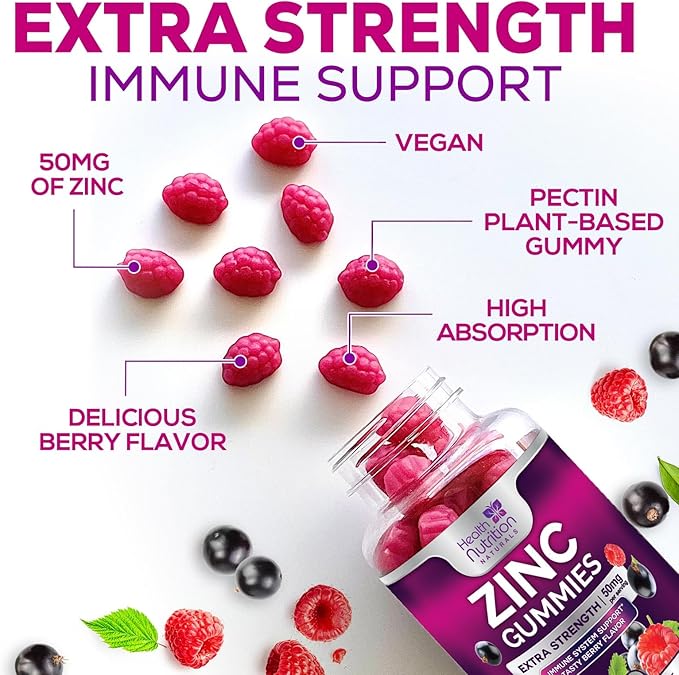 Zinc Gummy for Adults 50mg, Max Strength Bone, Skin Health & Immune Support Gummies, Vegan, Non-GMO & Gluten Free, Immune Health Support, Nature’s Antioxidant Chewable Zinc Vitamins - 120 Gummies