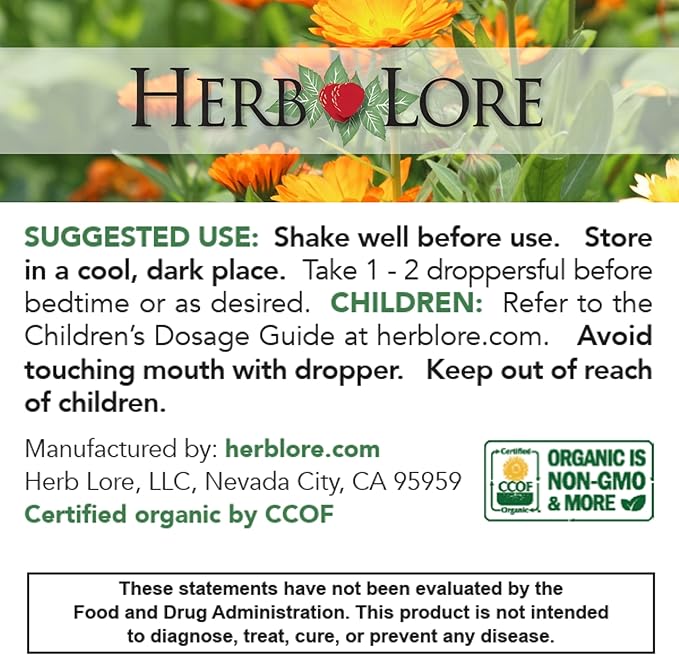 Herb Lore Organic Goodnight Tincture - Liquid Sleep Aid Drops with Valerian Root & Passion Flower Extract for Adults & Kids - Melatonin Free Herbal Sleep Supplement, 2 fl oz